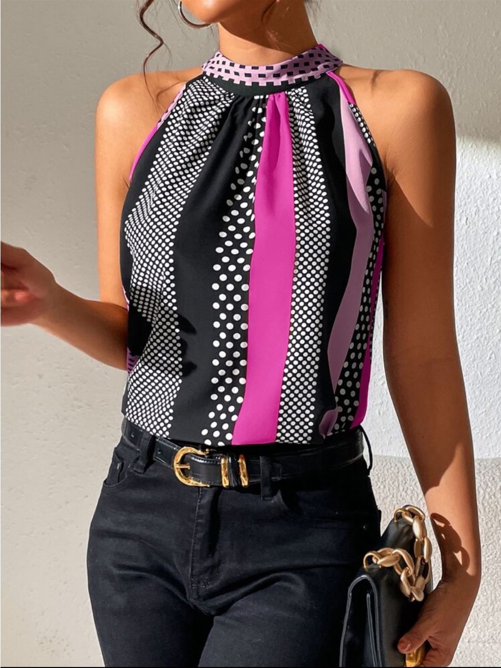 Modern Halter Neck Printed Top in Hot Pink and Black